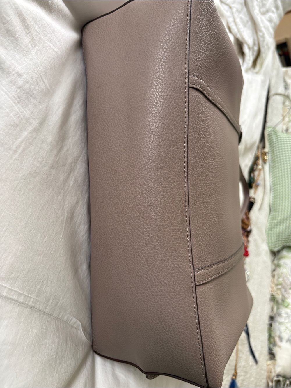 Tory Burch Taupe Perry Triple Com Leather Tote with 🍊 Interior - Picture 4 of 8